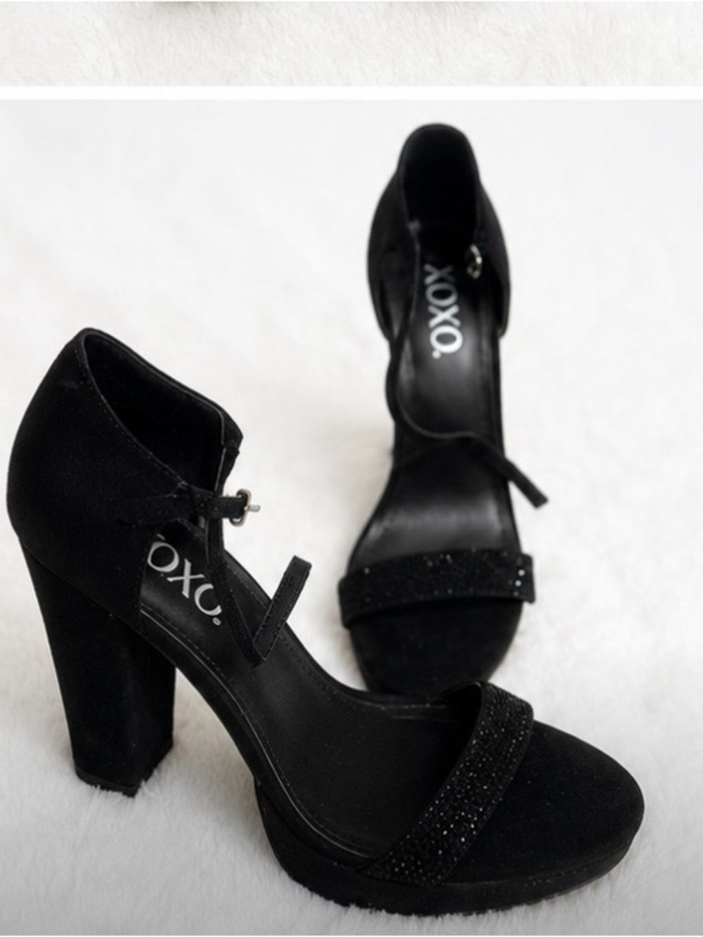 XOXO Black Suede Chunky Heel Sandals with Sparkle Toe Strap